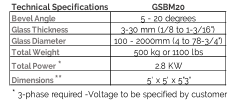 Technical Specifications GSBM20 Bevel Angle 5 - 20 degrees Glass Thickness 3-30 mm (1/8 to 1-3/16") Glass Diameter 100 - 2000mm (4 to 78-3/4") Total Weight 500 kg or 1100 lbs Total Power  * 2.8 KW Dimensions  ** 5' x 5' x 5"3" *  3-phase required -Voltage to be specified by customer