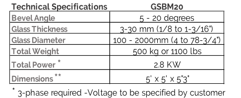 Technical Specifications GSBM20 Bevel Angle 5 - 20 degrees Glass Thickness 3-30 mm (1/8 to 1-3/16") Glass Diameter 100 - 2000mm (4 to 78-3/4") Total Weight 500 kg or 1100 lbs Total Power  * 2.8 KW Dimensions  ** 5' x 5' x 5"3" *  3-phase required -Voltage to be specified by customer